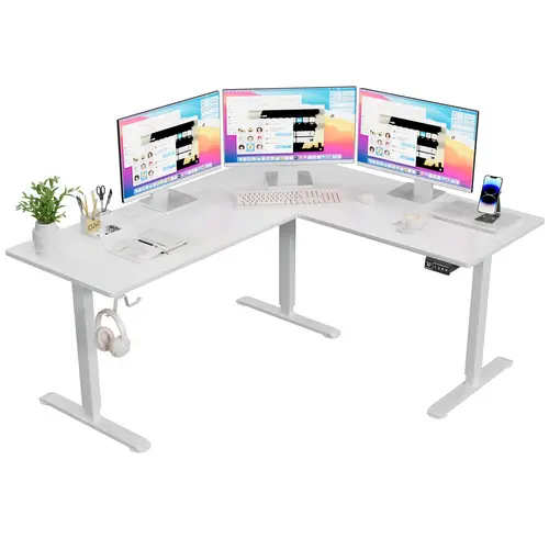 Furmax L-Shaped Ergonomic Height Adjustable Electric Standing Desk, 63x55 Inch Home Office Workstation with Preset Heights, Organized Headphone Hook for Dual Monitor/WFH/Streamer Setups