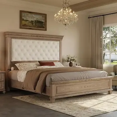 [Summerwins]【Ships in 2 Boxes】AMERLIFE Solid Wood Bed Frame with 68" High Headboard, Chenille Upholstered Platform Bed with Nailhead Trim/Button Tufted/No Box Spring Needed