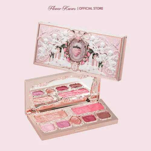 Flower Knows Strawberry Cupid Collection All-In-1 Cosmetic Palette, Matte, Shimmer, Silky High-Pigment Long-Lasting Powder, Honey Brightening Blush, Glitter Palette, All Over Glimmer, Radiant Soft Glam Makeup Products, #sohochic