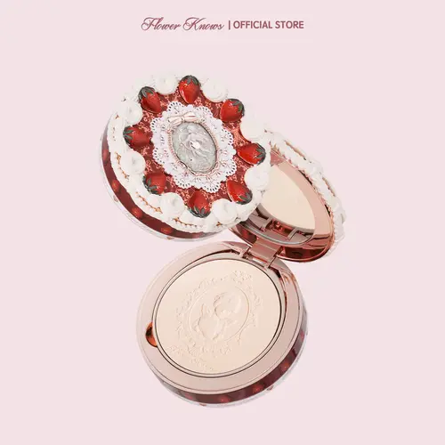 Flower Knows Strawberry Cupid Collection Pressed Setting Powder, Oil-Controlling Compact Beauty Product for Adults, Flawless Matte Finish, Long-Lasting Daily Cosmetic with Mirror, Mica Powder Infused, #sohochic