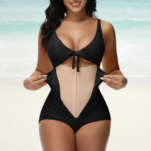COOSHAPE Women's Tummy Smoothing Swimsuit One Piece Bathing Suit Shapewear Cutout Tie Knot Front Push Up Swim Suits Full Coverage Swimwear Sculpt Shaping Swimsuit Swimdress