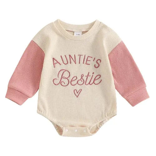 Infant Baby Girl Aunties Bestie Sweatshirt Romper Color Block Waffle Knit Long Sleeve Onesie Bubble Bodysuit Fall Winter Clothes Newborn Coming Home Outfit 0-18Months