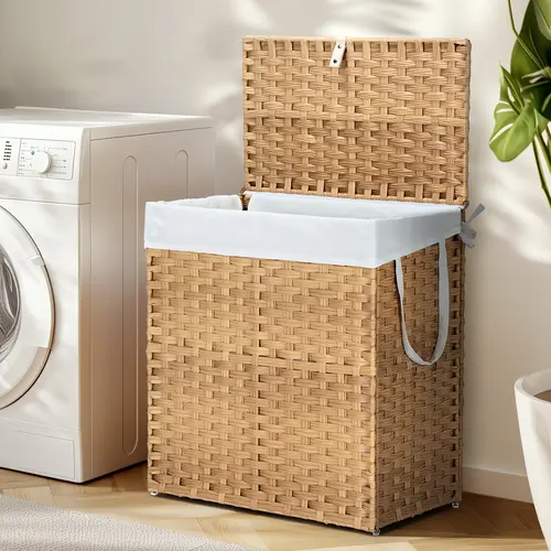 90L/110L Woven Rattan Laundry Hamper with Adjustable Lid, Dirty Clothes Busket, Foldable, Steel Frame, Machine Washable for Home, Bathroom, Bedroom
