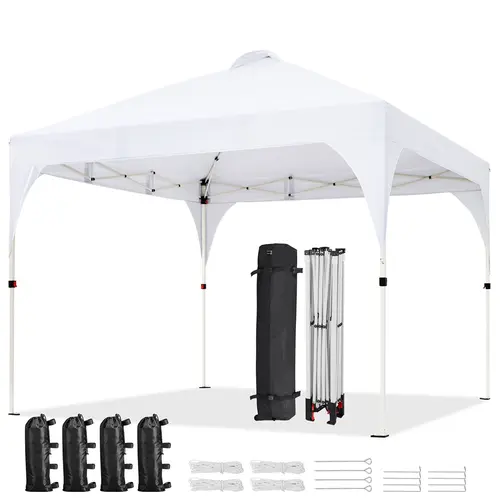 Yaheetech 10x10 ft Pop Up Metal Canopy Tent, Portable Outdoor Shelter with UPF 50+ UV Protection, Vented Top, Adjustable Height, Polyester Fabric, Transport Wheels & Wheeled Bag for Parties, Large Outdoor Tents, Portable Awnings