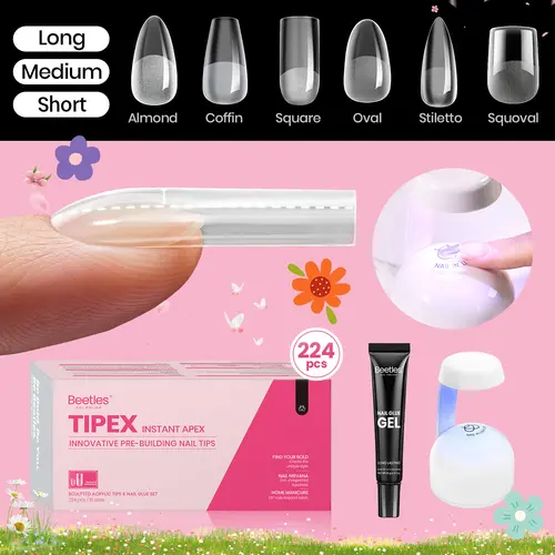 Beetles Tipex Instant Apex Nail Extension Tips Manicure Kit -224Pcs Kit 96/192/512Pcs Stock Up Almond/Coffin/Square/Oval/Stiletto/Squoval Shape Thick Acrylic Nail Manicure DIY Nail Glue mothersdaygift Spring Nail Summer Nail Vacation Nail #backtoschool