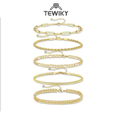 Tewiky 14K Gold Plated Waterproof Women's Bracelet Sets - Trendy Thin Dainty Stackable Cuban Link Paperclip Chain, Jewelry Stack, Accessories for Women, Mom Birthday Gifts, All Seasons Minimalist Costume Jewelry,sohochic