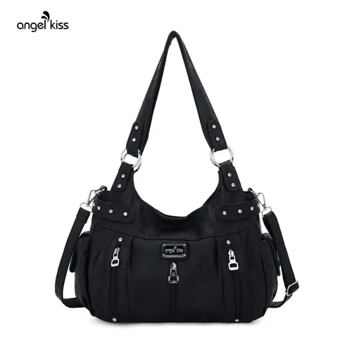 Angel Kiss Bag - Women's Vintage Washed PU Leather Large（14“*5”*9.5“） Adjustable Crossbody Purse, Casual Everyday Hobo Tote Handbag Shoulder Bag, Ideal for Gifts & Women's Accessories, Bags tiktokshopbacktoschool