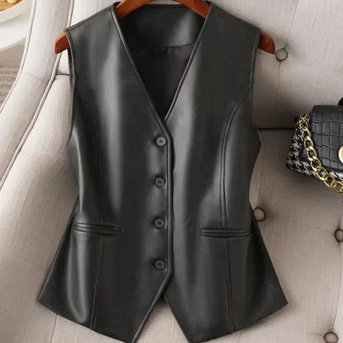 Women's Solid Color Button Front Fitted Pu Leather Sleeveless Vest, Sleeveless Blazer Vest, Fashion Casual V Neck Outerwear for Work Office Business, Ladies Spring & Fall Clothes, Sleeveless Blazer Waistcoat, Womenswear