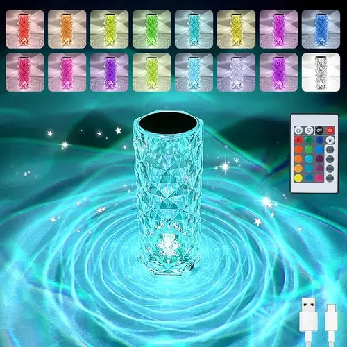 Crystal Table Lamp with Remote & Touch Control, Rose Wave Design, RGB Color Changing LED Night Light, Adjustable LEDs, Dimmable Warm White, USB Rechargeable Room Decor for Living Room, Bedroom,sohochic