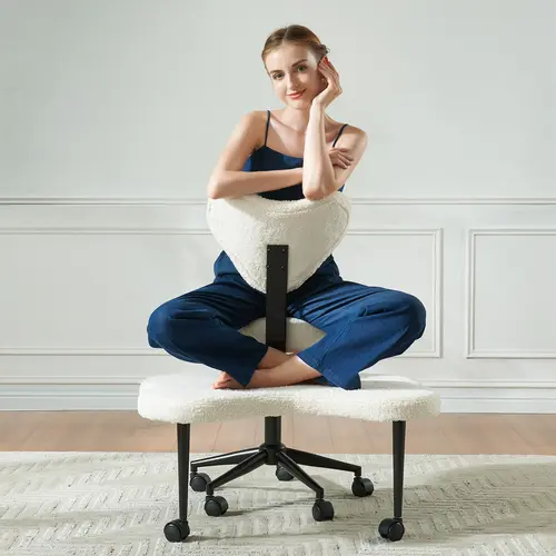 Pinmoco Armless Modern Cross-Strap Ergonomic Cross-Leg Office Chair - Heart-Shaped Backrest, Double-Layer 360° Swivel Teddy Velvet Memory Foam Seat, Height-Adjust Blush Pink PU Leather Furniture for ADHD, Meditation, 31.5" Wide Footrest, Assembly Required
