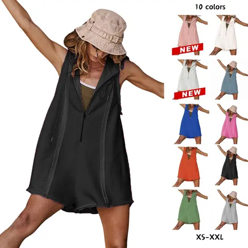 Yeokou Women's Basic Hooded Half-Zip Sleeveless Stretch Loose Short Jumpsuit with Pockets, Sporty Chic Fitness Outfits for Women's Clothes Sets, Summer Athleisure Workout Wear,sohochic