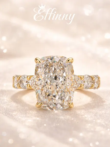 Effinny 4.5/9.0ct Elongated Crushed Ice Cushion Cut Golden Engagement Ring,Travel-Friendly Daily Wear Affordable Luxury Fine Jewelry, Statement & Elegant Rings for Women