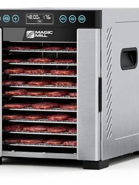 Magic Mill Pro Food Dehydrator Machine | 10 Stainless Steel Trays | Dryer for Jerky, Dog Treats, Herb, Meat, Beef, Fruit | Keep Warm Function, Digital Timer and Temperature Control, ETL Approved MODEL MFD-1098