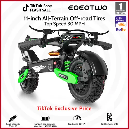 EOEOTWO GT06 Adult Sport Electric Scooter - 1200W Motor, 40 mi Range, 30 MPH Speed, 11-In Pneumatic Tires, LED Screen, Double Suspension, 330 Lbs Max Load, Portable Folding Compact Design, 90% Road Shock Cut Commuter Scooter, Portable Folding Scooter, Adu