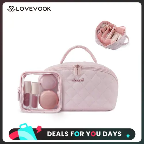 LOVEVOOK Travel Makeup Bag for Women,180° Lay-Flat Puffer Quilted Cosmetic Organizer,Portable Waterproof Toiletry Bag for Woman,Slanted Opening Make Up Bag for Everyday Use,TikTokShopBackToSchool