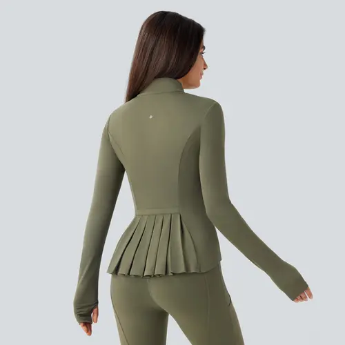 Halara SoftlyZero Stand Collar Thumb Hole Pockets Pleated Zipper Slim Jacket-UPF50+ #BackToSchool