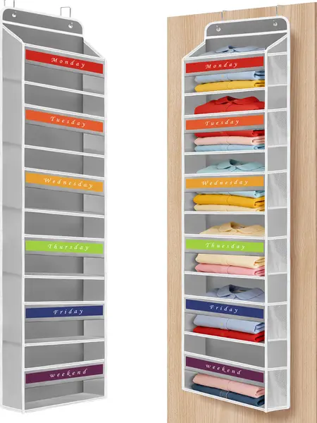 Fabric Over The Door Hangable Home Organizer - 6 Side Compartments, Anti-Tilt Design, 44 lb Capacity, Weekly Clothing Holder, Bathroom Organizer, Bedroom Storage, Closet Shelves Storage Solution, Classic