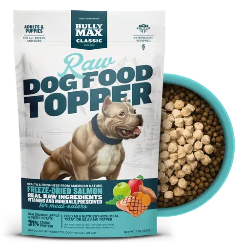 Bully Max Freeze-Dried Raw Salmon Dog Food Toppers - Real Salmon, Protein-Packed with Fruits, Vegetables, Chia Seeds, Sunflower Seeds, Vitamins & Minerals, Universal Muscle Growth Nutrition Boost Meal Enhancers for Healthy Coat, Natural