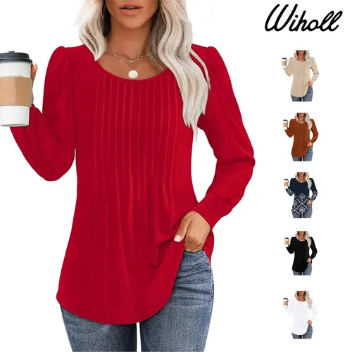 WIHOLL Women's Long-Sleeve Crewneck Pleated Hipscover Tunic Blouse - Spandex-Rayon-Polyester Fabric, Lightweight, Soft Breathable, Dressy Casual Fall Wardrobe Staples Top for Leggings, Layering Outfits, Comfy Fitted Clothes, Shirts,sohochic