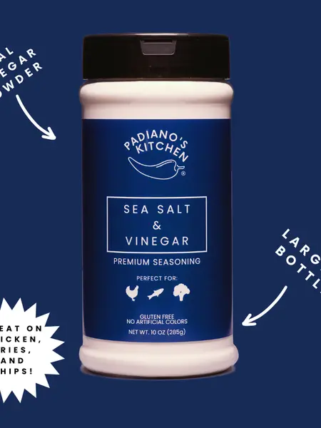 Sea Salt and Vinegar Seasoning Powder Large Bottle - Premium Blend for Chips, Chicken, Nuts, Fries & More - Padiano's Kitchen Original Flavor Spice Natural Herbal Organic