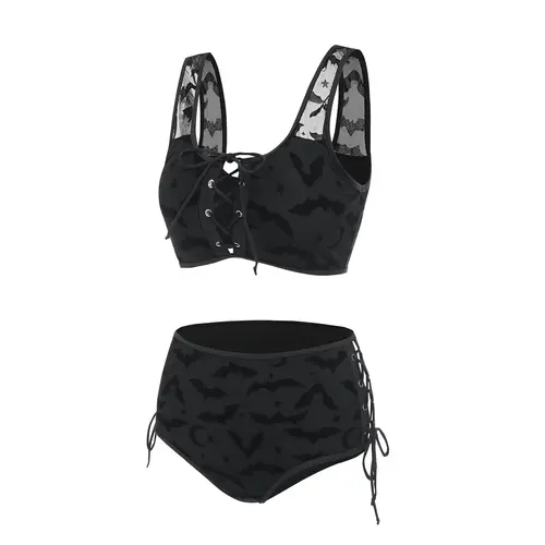 2026 Womens Gothic Bikini Sets Swimsuit Bat Crescent Star Print Bathing Suit Cinched Mesh Lace Up Cut Out Swimwear Two Piece Set Beach Bikinis