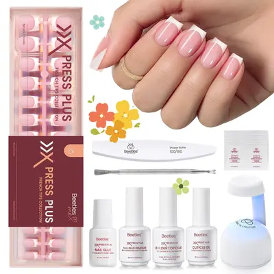 Beetles X Press Plus French Press On Nails Tips Kit, French Nail Pink Brown Short Square Almond Shape Natural Acrylic Nail Tips Effortless Beauty & DIY Manicures - mothersdaygift Spring Nail Summer Nail Vacation Nail #backtoschool