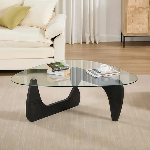 Sumimervibes Mid-Century Modern Coffee Table - Classic Triangular Glass Top with Smooth Glass Edge, Natural Oak Base, Storage Space, Clean Aesthetic 60s Style Sturdy Minimalist 60s Style Living Room Indoor Furniture