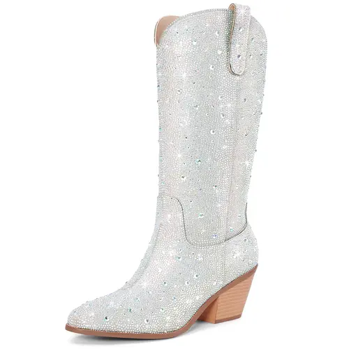 Women Cowboy Boots Cowgirl Rhinestone Mid Calf Western Boots Sparkly Glitter Boots Bling Pointed Toe Chunky Heel Pull On,shoes for back to school,back to school shoes,sohochic