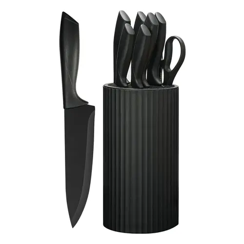NULAS 8-Piece Rust-Proof Cutting Knives with Universal Block, Sharp Ergonomic Kitchen Supplies for Home Cooking (Black)