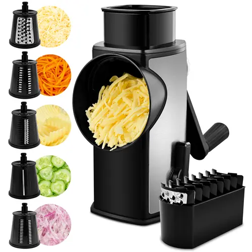 SUSTEAS Compact Manual Cheese Shredder - Stainless Steel Rotary Kitchen Utensil with 5-Blade Set, Fast Hand Crank, Powerful Suction Cup Base, Blade Storage Box, Finger-Safe Pusher, Mandoline Slicer, Vegetable Cutter for Home Cooking Wavy Cuts,sohochic