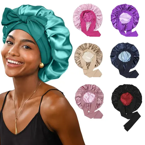Satin Bonnet, Silk Bonnet for Sleeping, Silk Sleep Cap, Double Layer Hair Bonnet Elastic Tie Band For Women, Curly Hair, Night Cap, Heatless Styling Tool for Women Silky Haircare SummerVibes