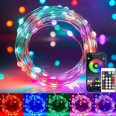 100-LED RGB-IC Smart Fairy Lights, APP & Remote Control, USB Powered, IP65 Waterproof, 16M Colors, Music-Sync Glow, for Halloween, Decorating, Room Decor, Home Improvement Novelty Lighting