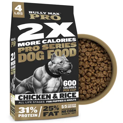 Bully Max Pro 2X Pro Series Dry Dog Food - 4 lbs, 31/25 High Cal, 600 Calories/Cup Chicken Kibble - All-Natural Ingredients, Probiotics for Gut Health - Weight Gain & Muscle Building for Dogs