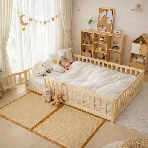 Naudacaa Twin/Full Size Modern Montessori Floor Bed for Kids, Solid Wood Kids Furniture Bedroom Toddler Bed Frame with Fence, Door & Safety Guardrails, CPC Certified