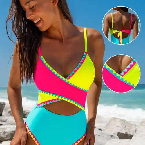 POPVIL Women's Wrap Shell Trim Cutout Crossover Neon 1-Piece Swimsuit - Tummy Control, High Waisted