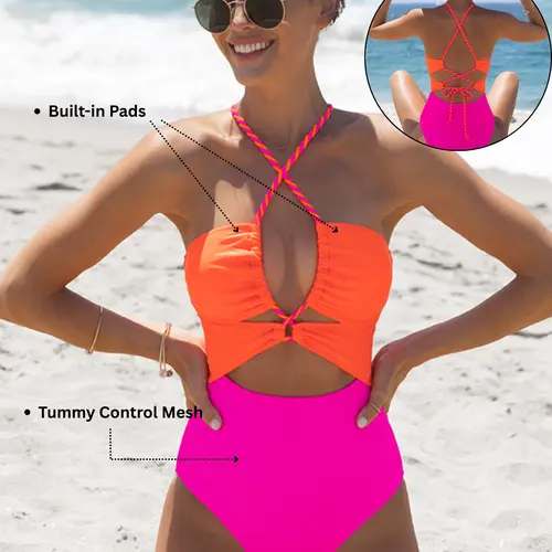 POPVIL Women's Tummy Control High-Waisted 1-Piece Bathing Suit - Sewn-In Pads, Color Block Front Cutout, Back Strap, Neon Swimsuits (Runs Half a Size Small) Tummy Control Swimwear