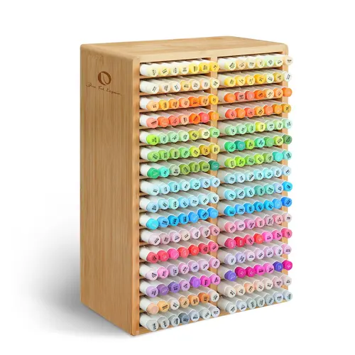 Ohuhu Bamboo Marker Organizer: Holds up to 224 Markers - with 32 Compartments - Right Angle / Rounded Corner - Wooden - Art Brushes Stationary Organizer Pencil Holder for Home, Classroom, Office Decor - Marker Organizer Series of Ohuhuart