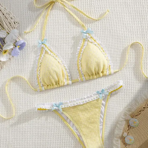 Two-Piece Set Women's Contrast Lace Bow Decor Bikini Set, Casual Tie Back Swim Bra & Swim Bottoms, Ladies Swimsuit for Beach Vacations, Summer Halter Bathing Suit, Solid Ruched Bikini, Bikini Outfits, Swimsuits Bikini Set