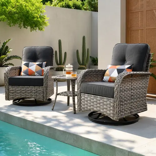 【SohoChic Sale】OVIOS 3-Piece Outdoor Patio Furniture Set with High-Back Swivel Rocking Chairs & Side Table, All-Weather Wicker Conversation Set with Cushions for Backyard, Patio, Porch, Deck & Garden
