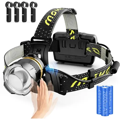 MoKo Rechargeable High-Power Headlamp for Adults - 90000LM Bright Flashlight, 40H Long-Lasting Battery, 7 Modes with Motion Sensor, IP68 Waterproof, 90° Adjustable, Zoom Lens LED Lights, Fast Rechargeable for Camping, Running