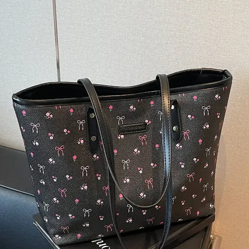 Fashionable Bowknot & Cherry Pattern Tote Bag, Handbag Tote Bag, Casual Versatile Shoulder Bag for Women, Trendy All-match Bag for Daily Use, Casual Lightweight Bag, Everyday Tote Bag, Stylish Tote Bags, Aesthetic Tote Bag