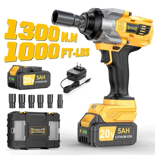 1000FT-LBS (1300N.m) Cordless Impact Wrench 1/2" with One*Battery, Brushless Impact Gun with 6 Sockets, 2100RPM for Car & Truck toolupgrade