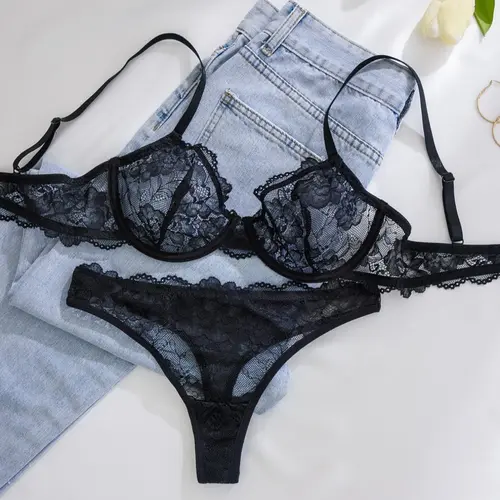 Women's Solid Color Underwire Lace Bra & Panty Two-Piece Set, Soft Comfortable Breathable Lingerie Set, Bra Sets, Lingerie Set for Women, Womenswear, Underwear Women