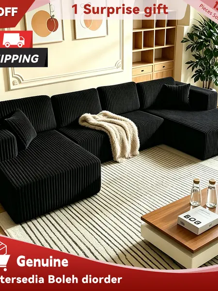 [2/3 Boxes] Niccae 132-Inch Modern U-Shaped Modular Sectional Sofa (Convertible to Bed)  Comfortable Deep-Seated Corduroy Sofa Bed with 4 Large Back Pillows; for Living Room, Bedroom, and Apartment (5-Seater); Extra-Large Modular "Cloud-Like" Comfort Sofa