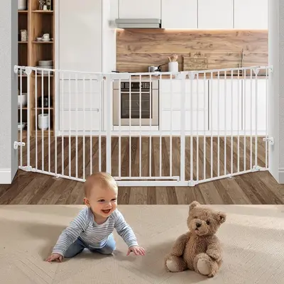 COMOMY 80" Extra Wide Baby Gate, Dog Gate for House Stairs Doorways Fireplace, Auto Close Pet Gate with Door Walk Through, 3 Metal Panels, Hardware Mounted Baby Fence Indoor Outdoor(30" Tall, White)