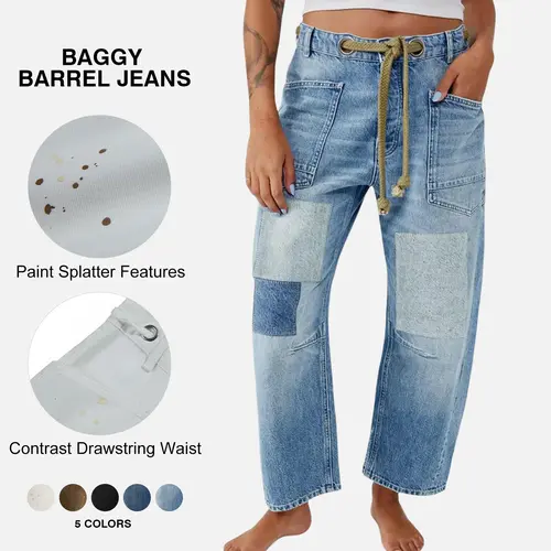 Imily Bela Womens Baggy Barrel Horseshoe Jeans Wide Leg Patchwork Low Rise Denim Pants with Pockets Casual & Formal Style