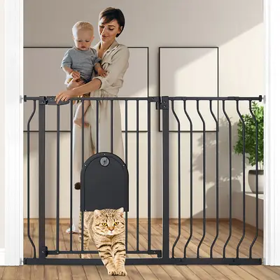 White 30" Tall Metal Frame Pet Gate with Adjustable Width (29.5-48.4"), Anti-Pinched Double Lock Mechanism, Auto-Close Sliding Cat Door, Pressure-Mounted for Stairs/Doorways, Easy Walk-Through, Sliding Door