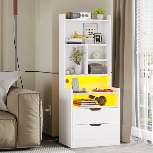Sikaic White Tall Bedroom Nightstand - 2 Drawers, Glass Door, Open Storage, Bookshelf, RGB LED Charging Station for Home Decor & Bedroom Use