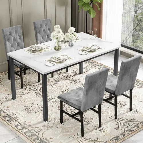 Recaceik 4-Piece Faux Marble Dining Table Set - Compact Table and Chairs Dining Room Furniture for Small Spaces, Durable Modern Home Set with Luxurious Button Tufted Chairs, Aesthetic Appeal, Assembly Required for Apartments, Minimal, Design sohochic