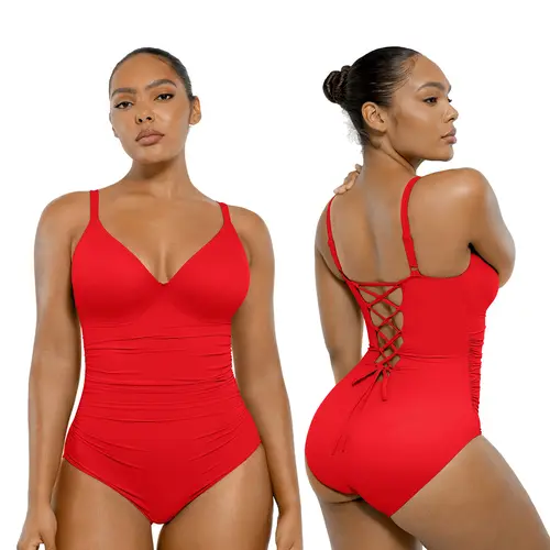 Shapellx Women's Sculpting 1-Piece Swimsuit - Back Drawstring, V-Neck, Elastic Triangle-Cut Bottom, Customizable Shoulder Bands, Removable Chest Pads, Beach Wear (Drawstring Bathing Suits for Women)
